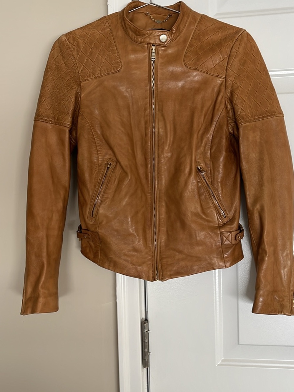 Quilted Shoulder Leather Jacket in Tan